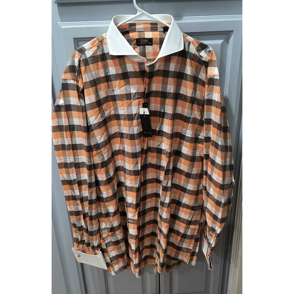 Steven Land Men Dress Shirt Plaid Check French Cuff Cotton Tall 17-1/2**36/37 XL